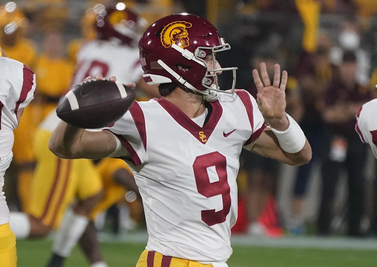 USC quarterback Kedon Slovis throws a pass.