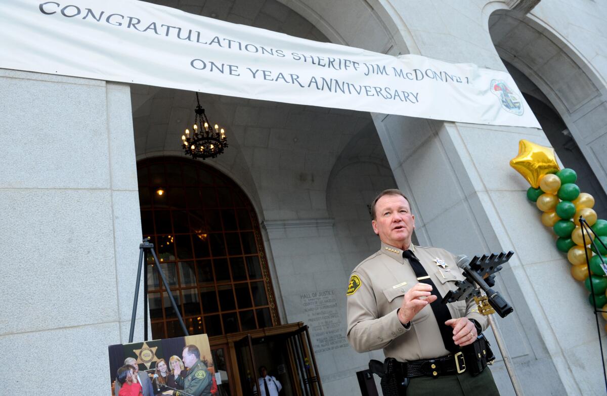 L.A. County Sheriff Jim McDonnell speaks during an event marking his first year in the job at the Hall of Justice on Tuesday.