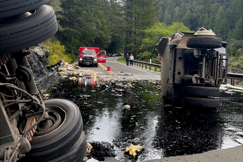 A trailer overturned, spilling hot asphalt binder on Highway 199 in Northern California on April 26. Officials from Six Rivers National Forest said the trailer contained 2,000 gallons of "hot asphalt binder," which began seeping into the Smith River. "Asphalt binder turns into a solid substance once the temperature of the binder reaches about 100-125 degrees - which means when the material hit the cold river it turned into a solid," national forest spokespeople wrote on Facebook.