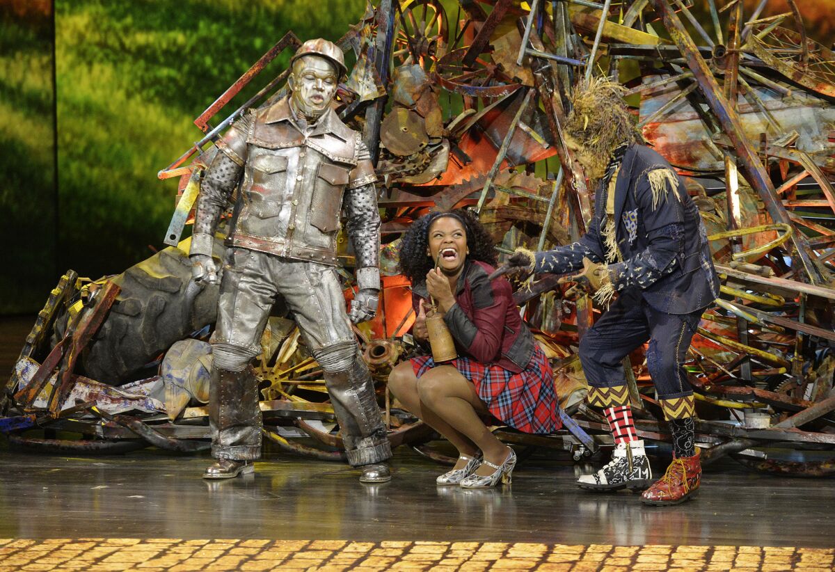 (From left) Ne-Yo as Tin-Man, Shanice Williams as Dorothy and Elijah Kelley as Scarecrow during a dress rehearsal of NBC's "The Wiz Live!' in New York.