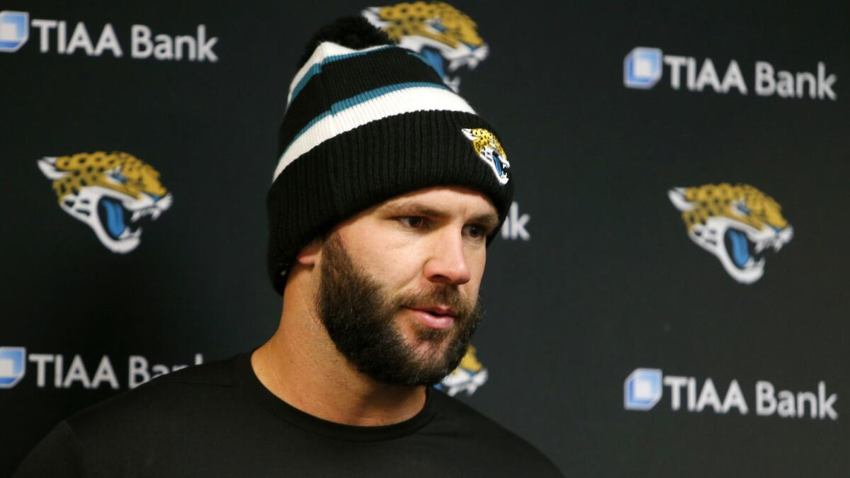 Blake Bortles talks to reporters after a game against the Buffalo Bills on Nov. 25, 2018, in Orchard Park, N.Y.