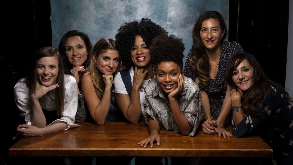 Gillian Jacobs, left, Ivy Agregan, A.M. Lukas, Janine Sherman Barrois, Yara Shahidi, Jessica Sanders and Gillian Barnes from "Refinery29's Shatterbox Series."