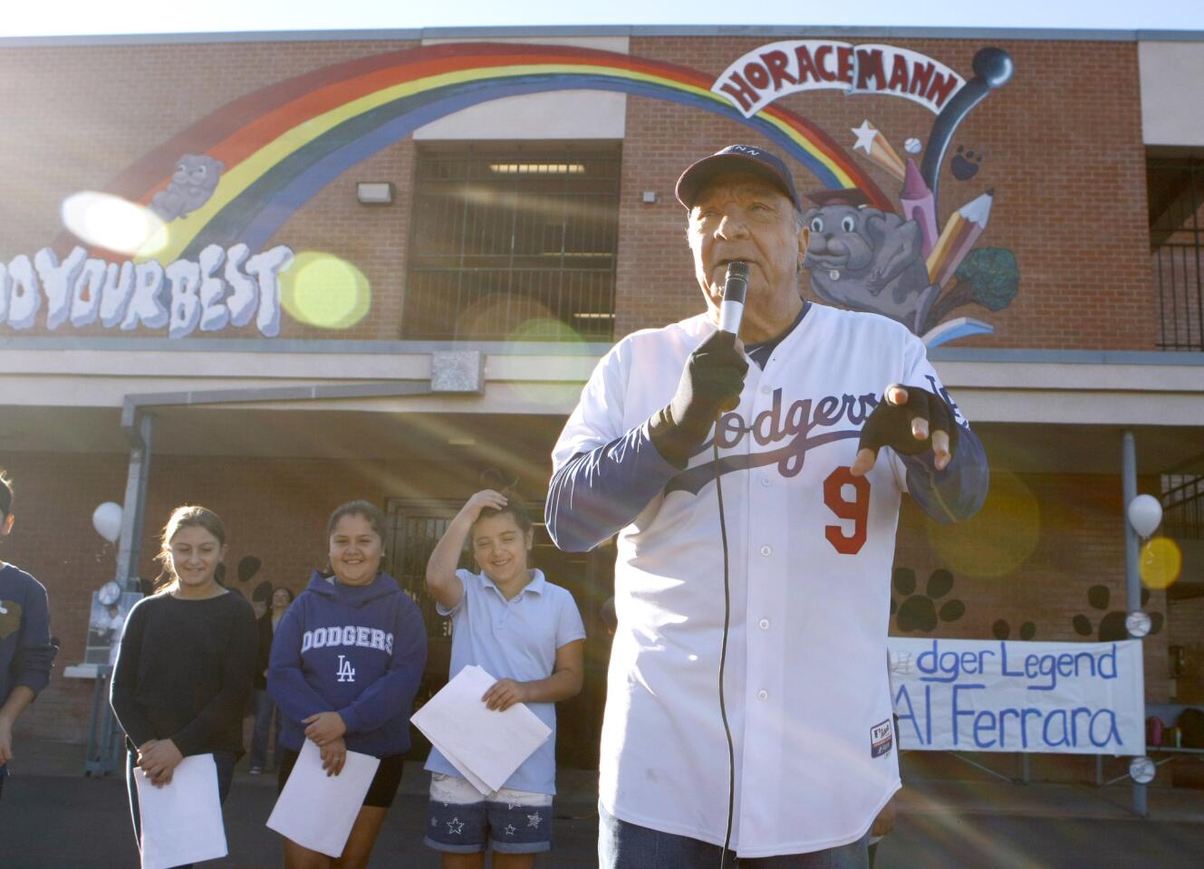 Los Angeles Dodgers legend Al Ferrara speaks at Horace Mann Elementary School volunteer thanksgiving rally on Friday, Nov. 18, 2016. The baseball great has volunteered at the school for about 7 years now.