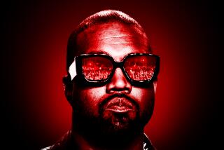 A photo illustration of Kanye West with a festival crowd reflecting in his glasses.