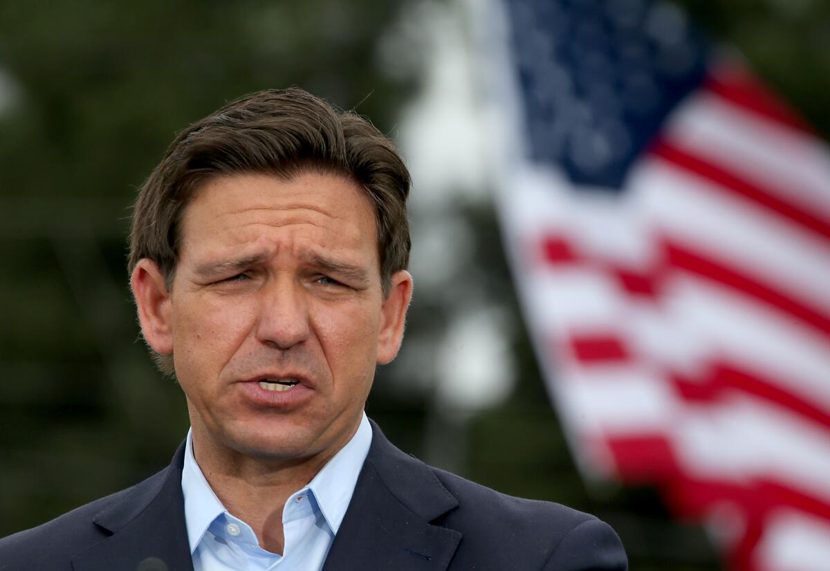 Florida Gov. Ron DeSantis at a news conference at the Port of Long Beach on Sept. 29.