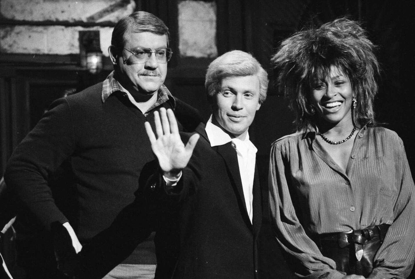 Alex Karras hosted "Saturday Night Live" in early February 1985. Shown here, during a rehearsal on Jan. 31, 1985, are Karras, Billy Crystal (in character as "Fernando") and Tina Turner.