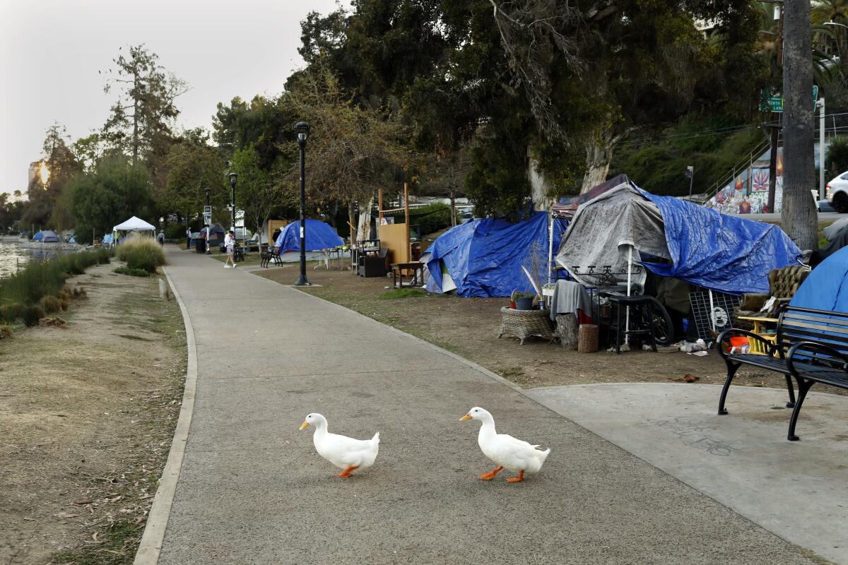 Walkways at Echo Park Lake were lined with tents in March 2021.