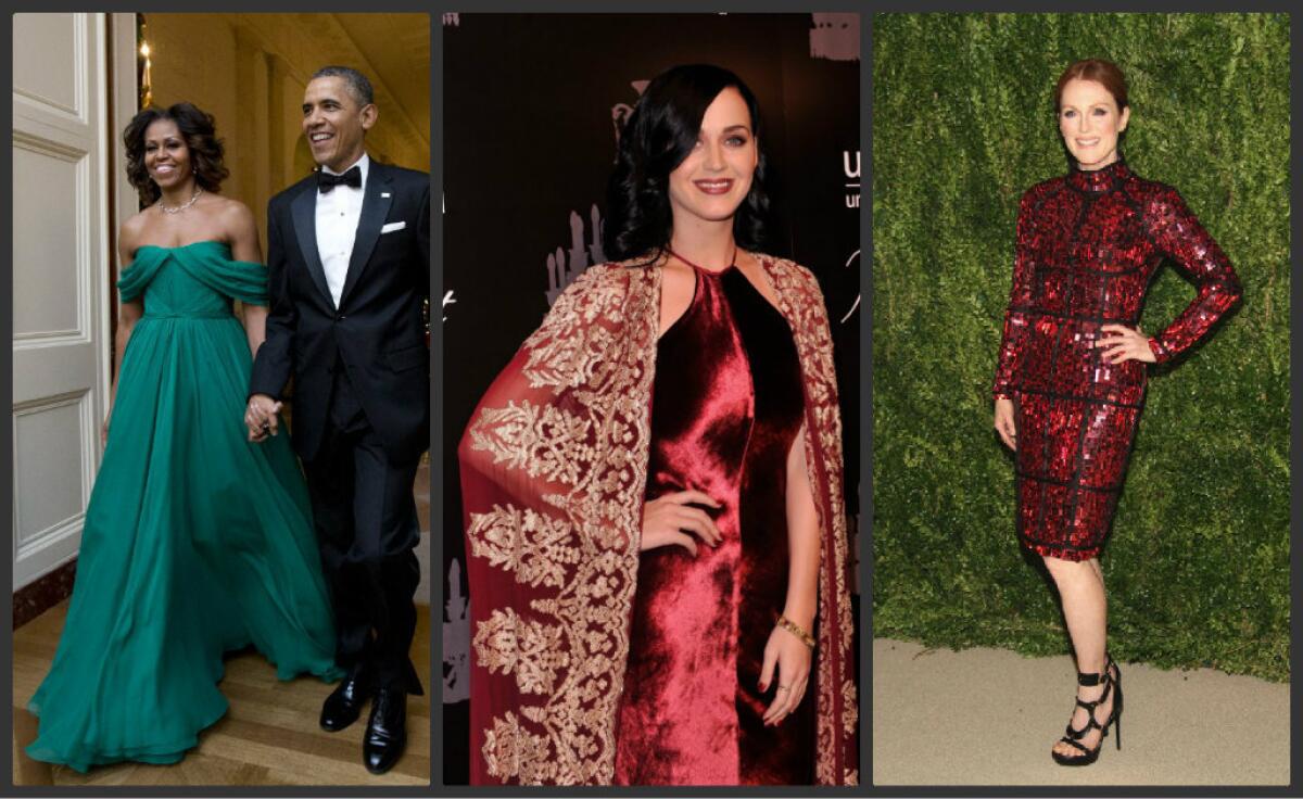 From left, Michelle Obama with President Obama at a White House reception Sunday for Kennedy Center Honors recipients, Katy Perry at the UNICEF Snowflake Ball in New York on Wednesday, and Julianne Moore at the CFDA Vogue Fashion Fund event in New York last month.