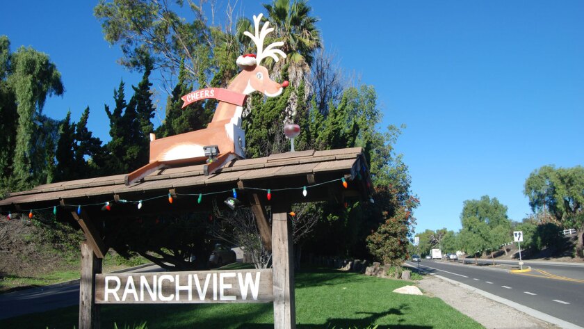 A replacement Rudolph the red-nosed reindeer on a sign at Ranchview Road in Rolling Hills Estates after the neighborhood's original Rudolph went missing.
