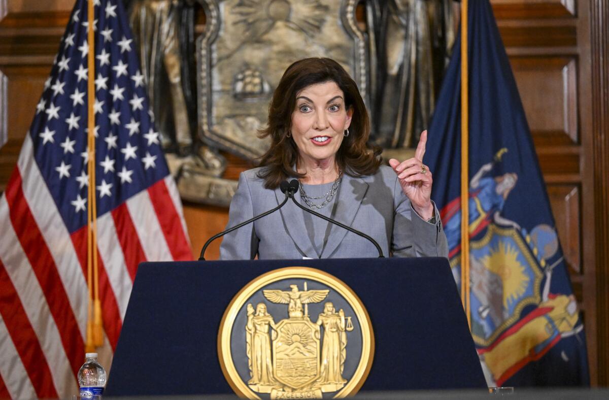 New York Gov. Kathy Hochul speaks to reporters.