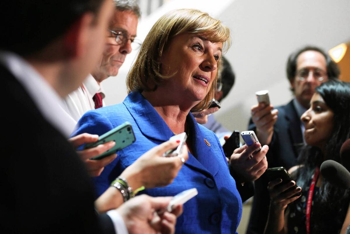 Rep. Carol Shea-Porter (D-N.H.) speaks to reporters after a closed-door briefing on Syria. She was among the lawmakers who were inclined to vote against authorizing force to punish Syria.