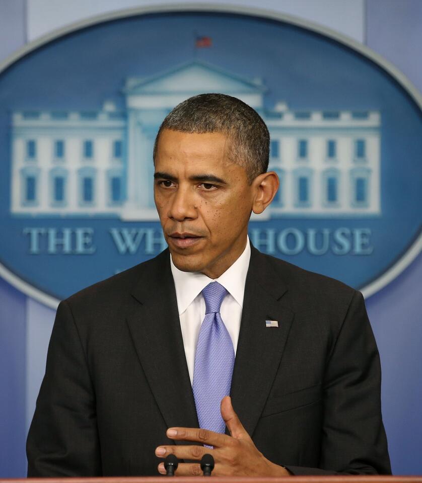 U.S. President Barack Obama speaks in the Brady Press Briefing room at the White House after the U.S. Senate voted to end the government shutdown and raise the debt limit on October 16, 2013 in Washington, DC.