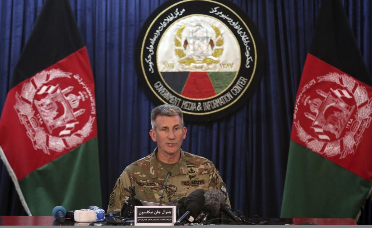 Gen. John W. Nicholson Jr., commander of U.S.-led coalition forces in Afghanistan, addresses reporters in Kabul a day after the bomb strike.