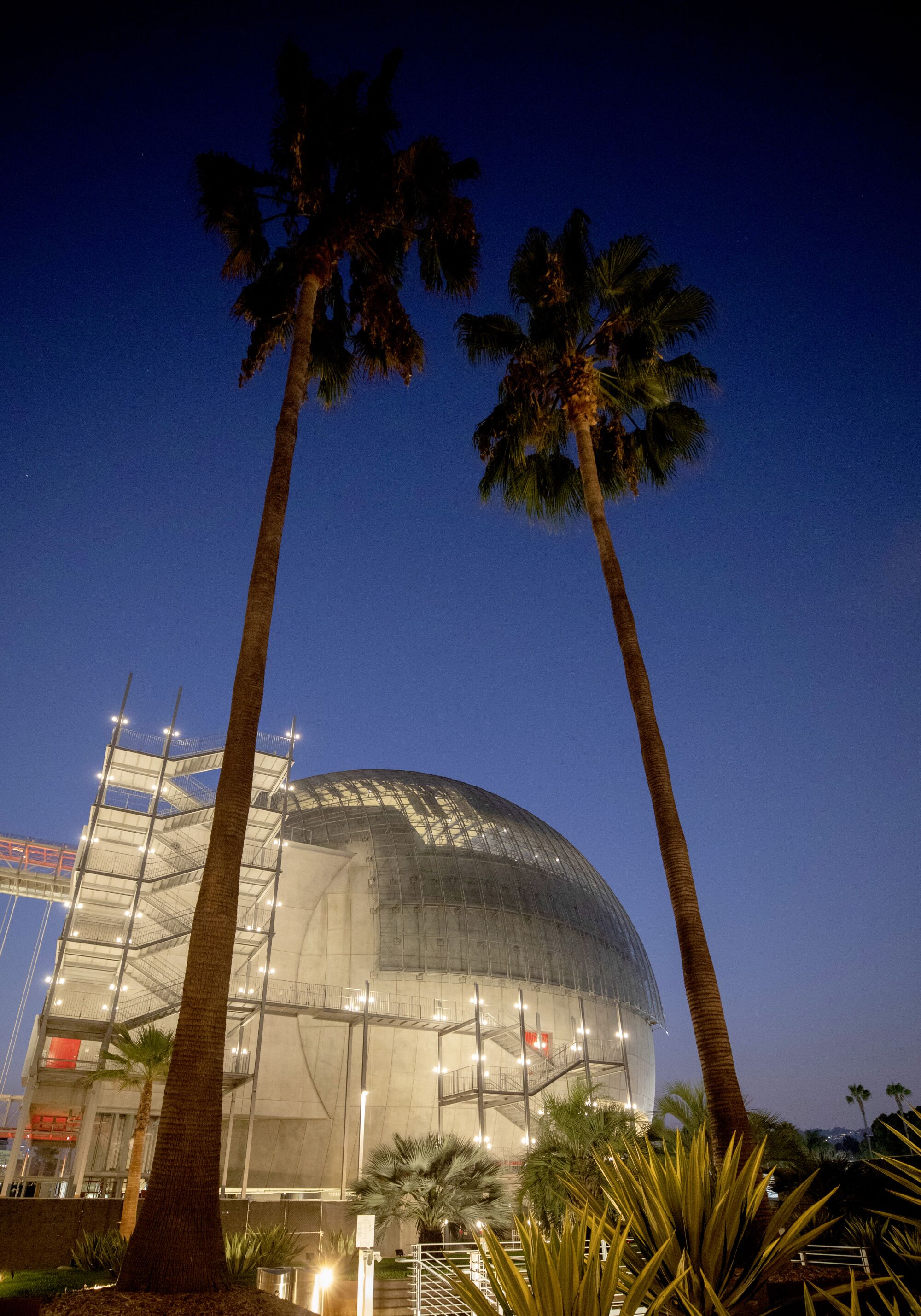 The Academy of Motion Pictures Museum at night.