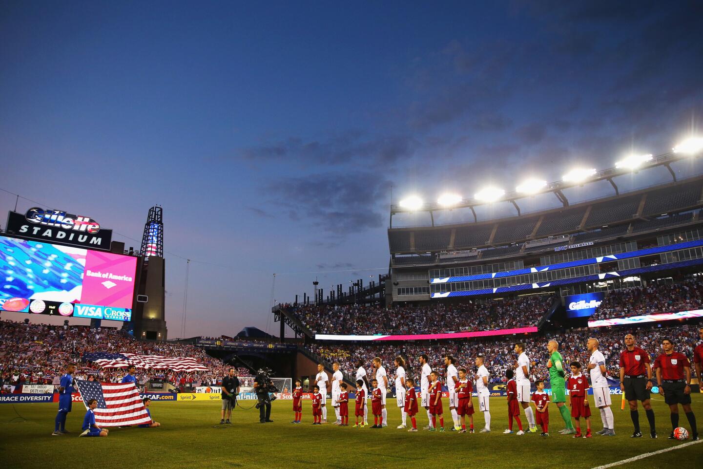 FOXBORO, MA - JULY 10: The United States stands for their national anthem before the 2015 CONCACAF Gold Cup match between United States and Haiti at Gillette Stadium on July 10, 2015 in Foxboro, Massachusetts. (Photo by Maddie Meyer/Getty Images) ** OUTS - ELSENT, FPG - OUTS * NM, PH, VA if sourced by CT, LA or MoD **