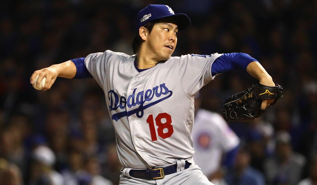 Dodgers pitcher Kenta Maeda pitches in the first inning against the Chicago Cubs during Game 1 of the National League Championship Series at Wrigley Field on Oct. 15.