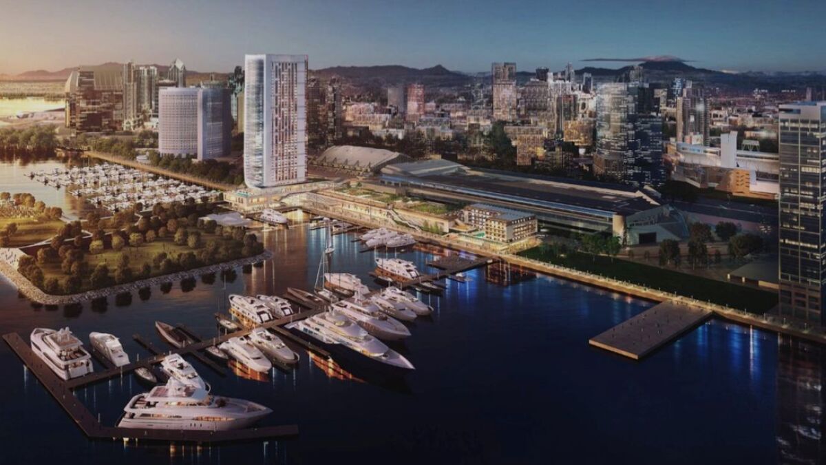 A development team was processing plans for a 44-story hotel on a five-acre site on the bay side of the convention center.