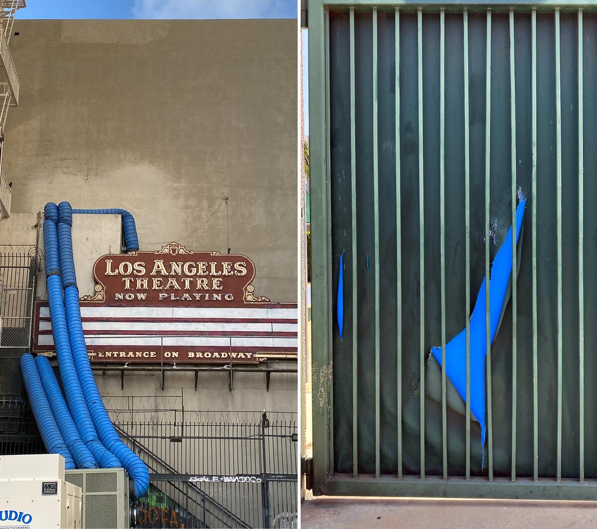Paired images show an L.A. Theatre sign surrounded by blue ventilation tubing and a boarded window with torn blue paper