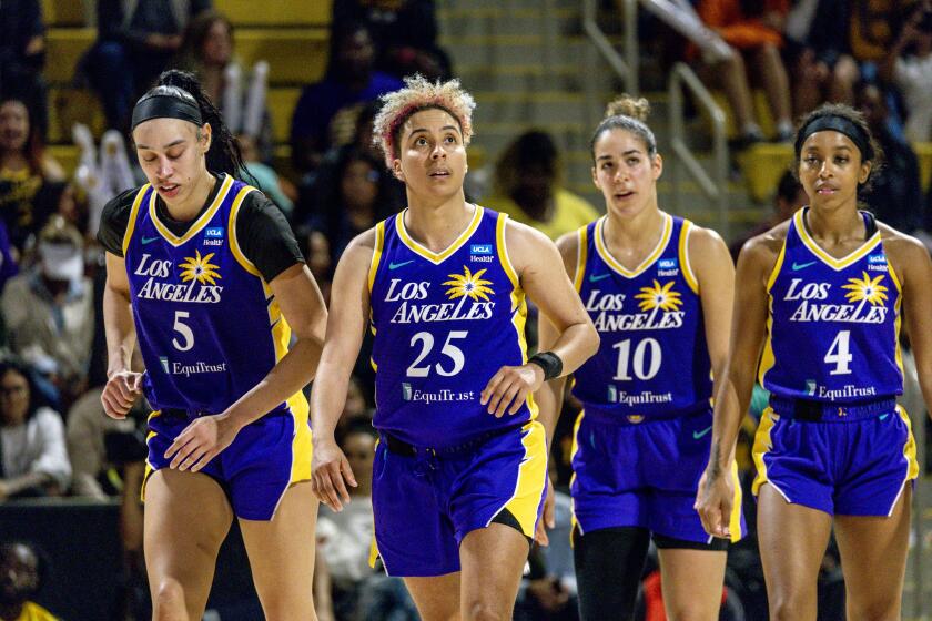 Sparks Dearica Hamby, Layshia Clarendon, Kia Nurse and Lexie Brown head to the bench in the fourth quarter
