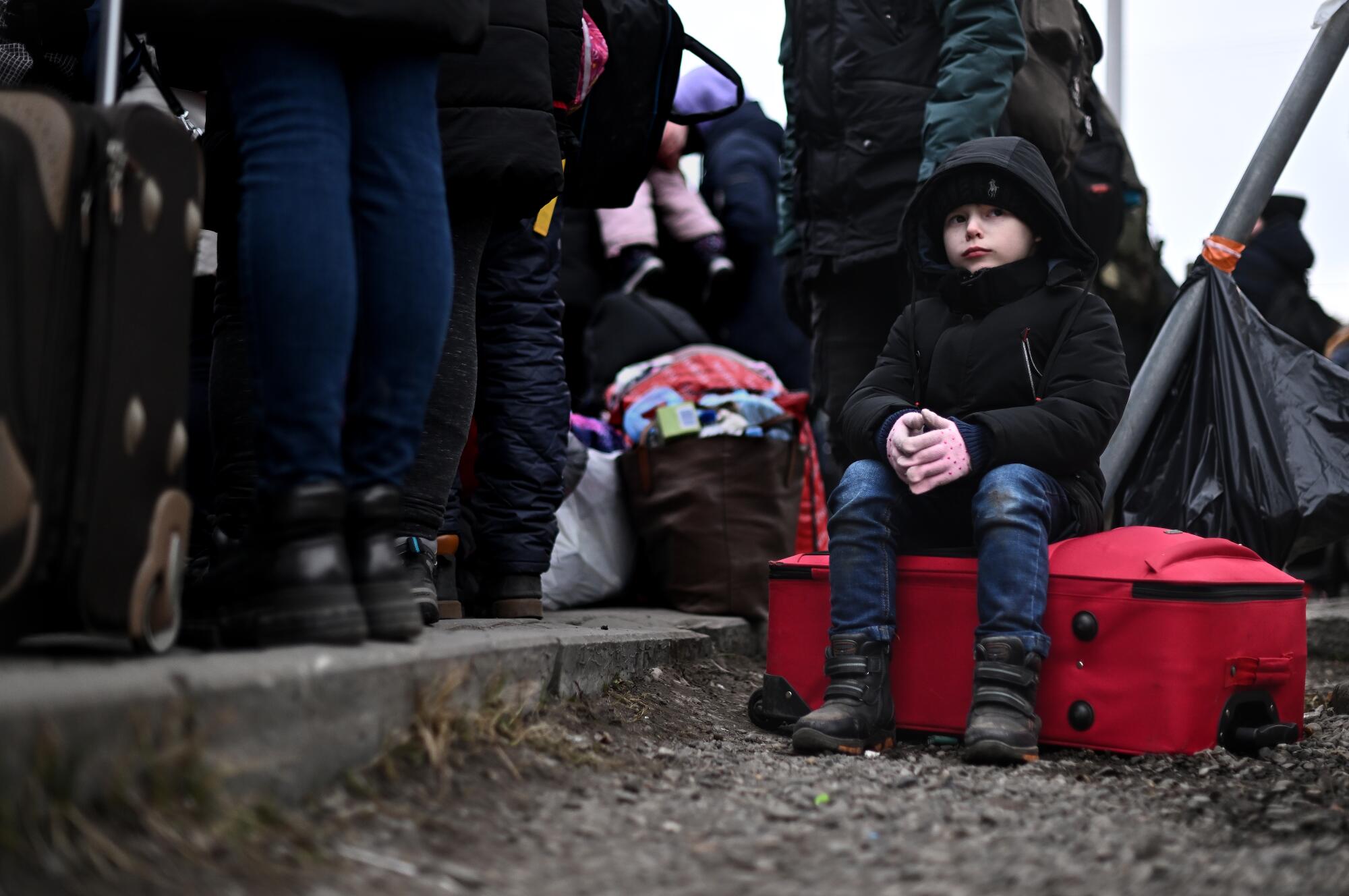 A young boy sits on a suitcase as Ukrainian refugees wait to be transported after crossing the border in Medyka, Poland.