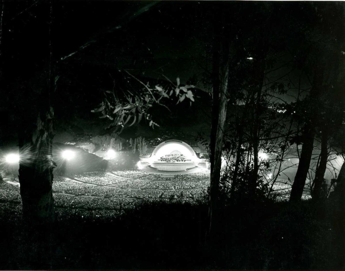 A view from the cheap seats of the Hollywood Bowl at night, circa 1950s.