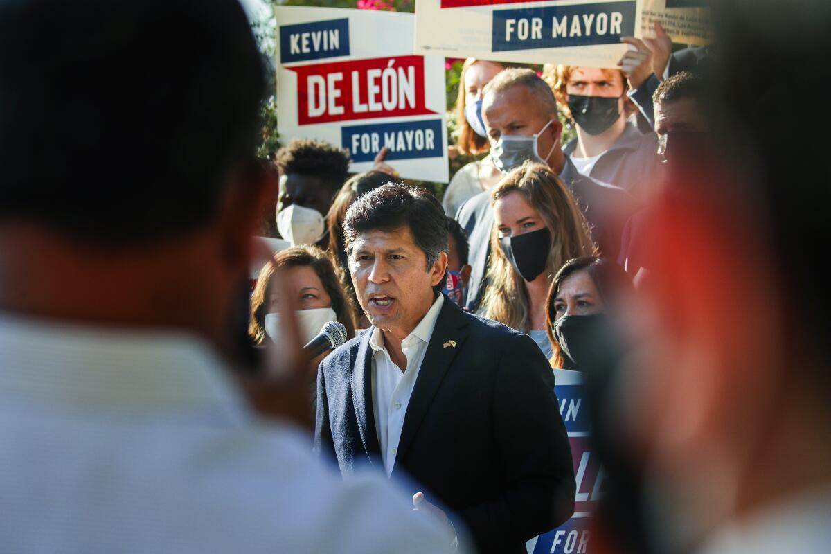 Councilmember Kevin de León at a rally announcing his mayoral campaign in  2021. 