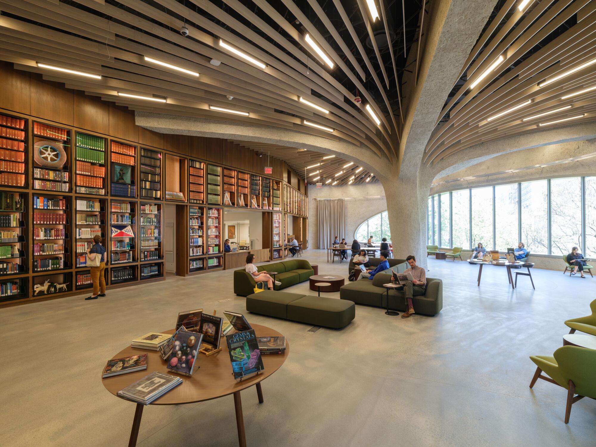 A large library space with tables and reading chairs features a pillar at center in the form of a tree.