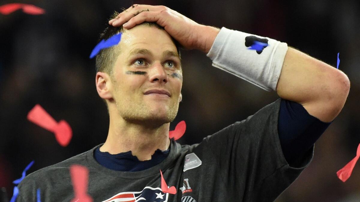 Tom Brady enjoying the moment after the New England Patriots defeated the Atlanta Falcons in Super Bowl LI.