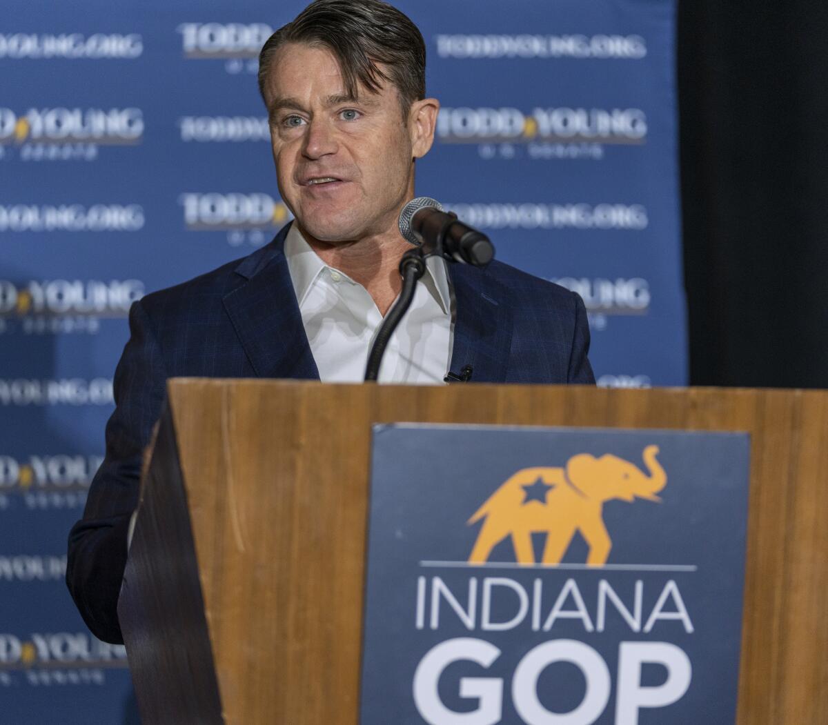 Todd Young, Republican speaks for U.S. Senate, speaks Tuesday, Nov. 8, 2022, during a GOP election night event in Indianapolis. (Robert Scheer/The Indianapolis Star via AP)