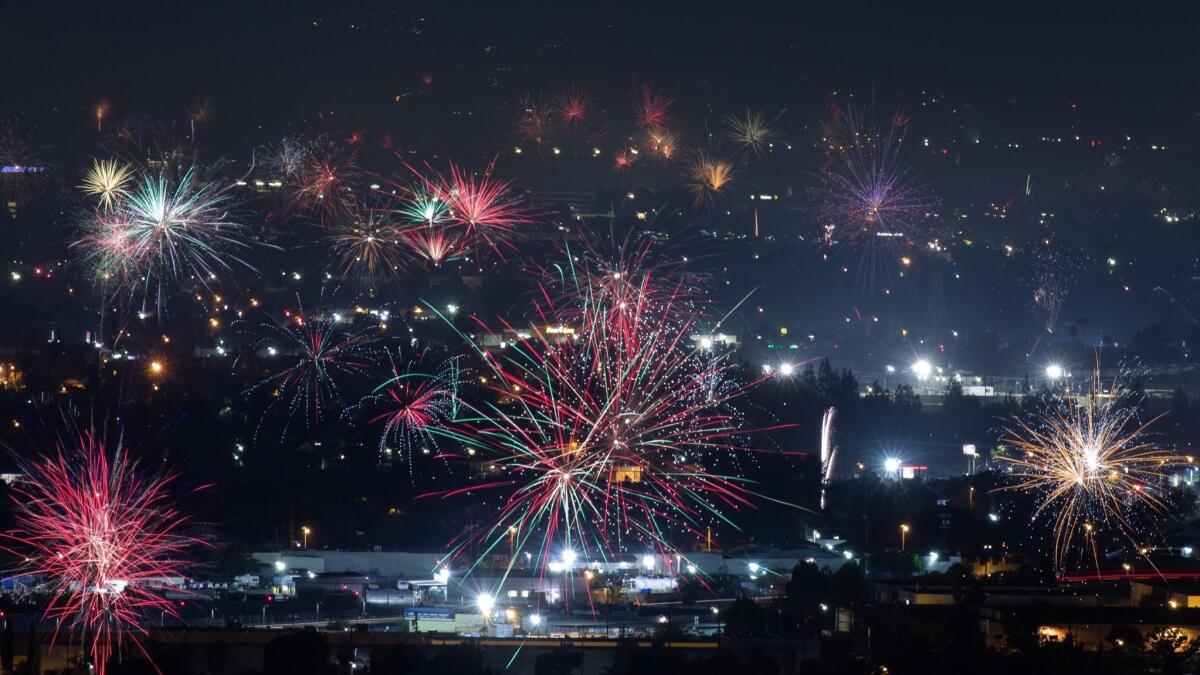 Fireworks over North Hollywood, seen from the Burbank Hills on July 4.