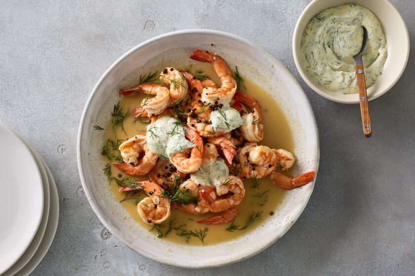 Butter-poached shrimp with dill mayonnaise.