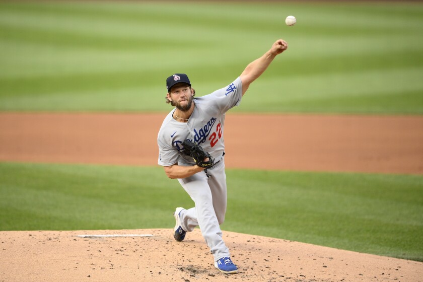 Los Angeles Dodgers starting pitcher Clayton Kershaw delivers during the first inning.