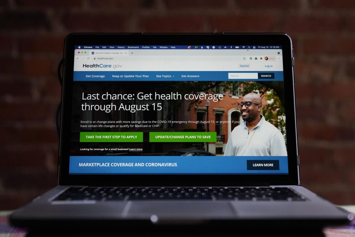 The HealthCare.gov website is photographed in Washington, Friday, Aug. 13, 2021. President Joe Biden announced Wednesday that 2.8 million consumers took advantage of a special six-month period to sign up for private health insurance coverage made more affordable by his COVID-19 relief law. (AP Photo/Pablo Martinez Monsivais)