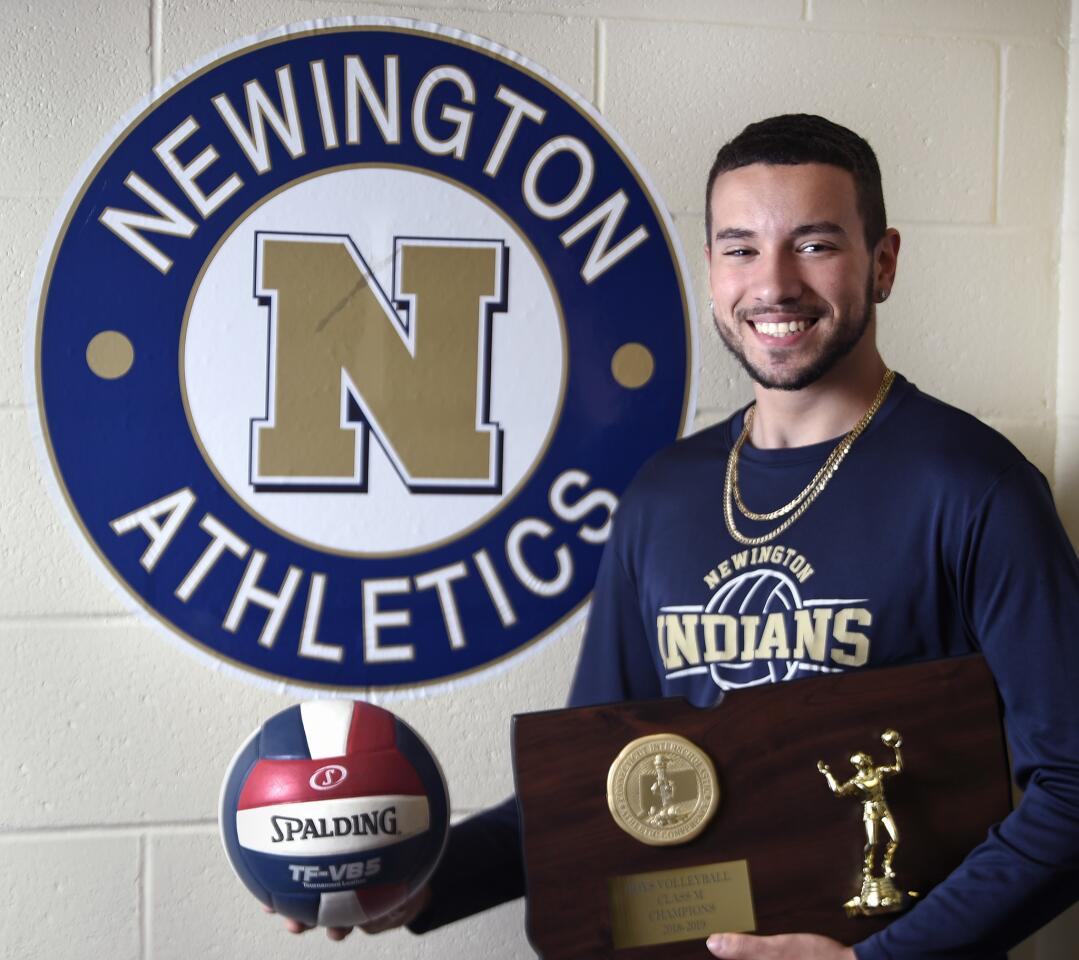 Newington, CT - 6/21/19 - Leonel Caceres led Newington to a third straight Class M boys' volleyball title. He is the All-Courant boys' volleyball player of the year.