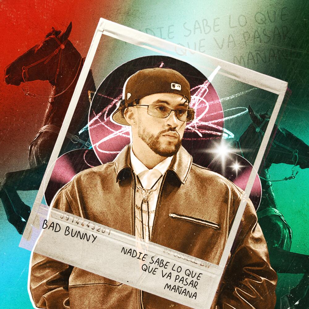 An illustration shows Bad Bunny in the frame of his album cover, with two horses behind him