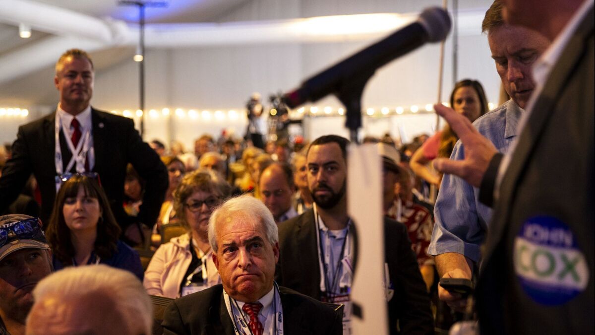A delegate speaks at the 2018 California Republican Party Convention and Candidate Fair in San Diego, Calif. on May 6.