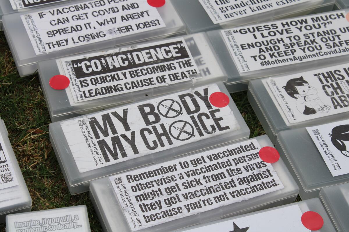 The phrase “My Body, My Choice" at an April rally against vaccine mandates in Los Angeles.
