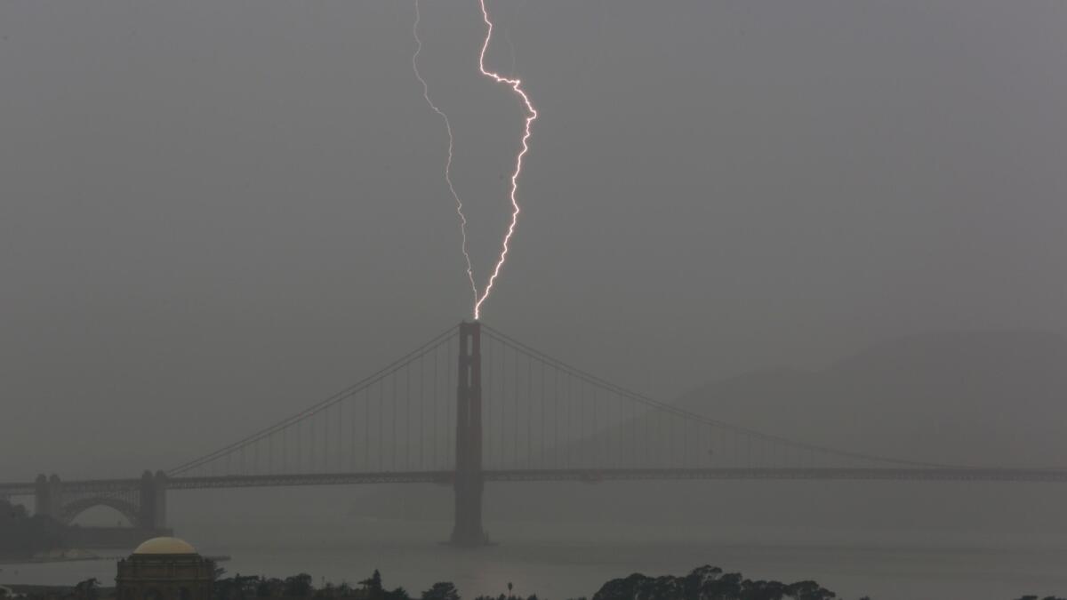 Lightning strikes over the Golden Gate Bridge.