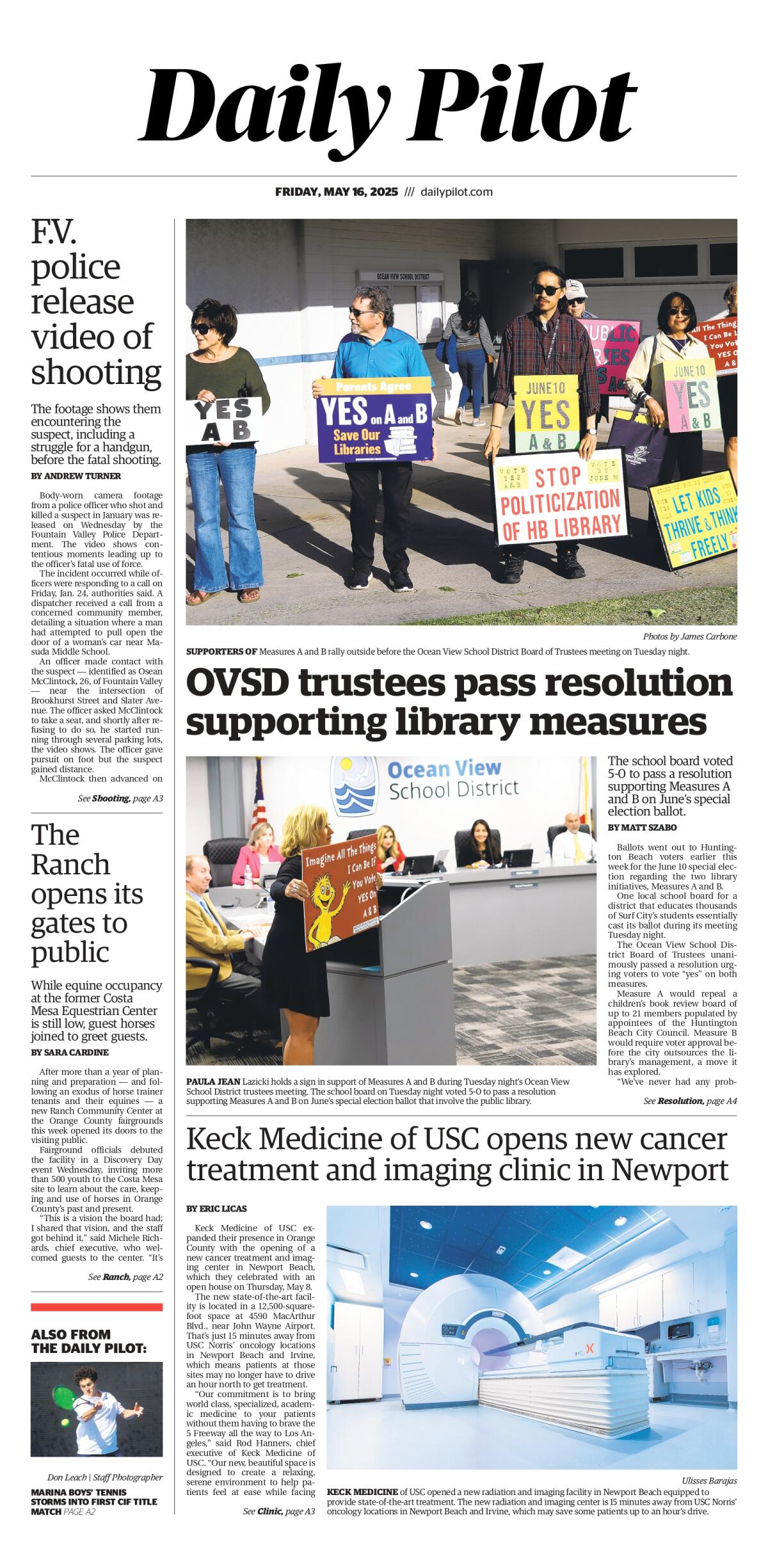 Front page of the Daily Pilot e-newspaper for Friday, May 16, 2025.