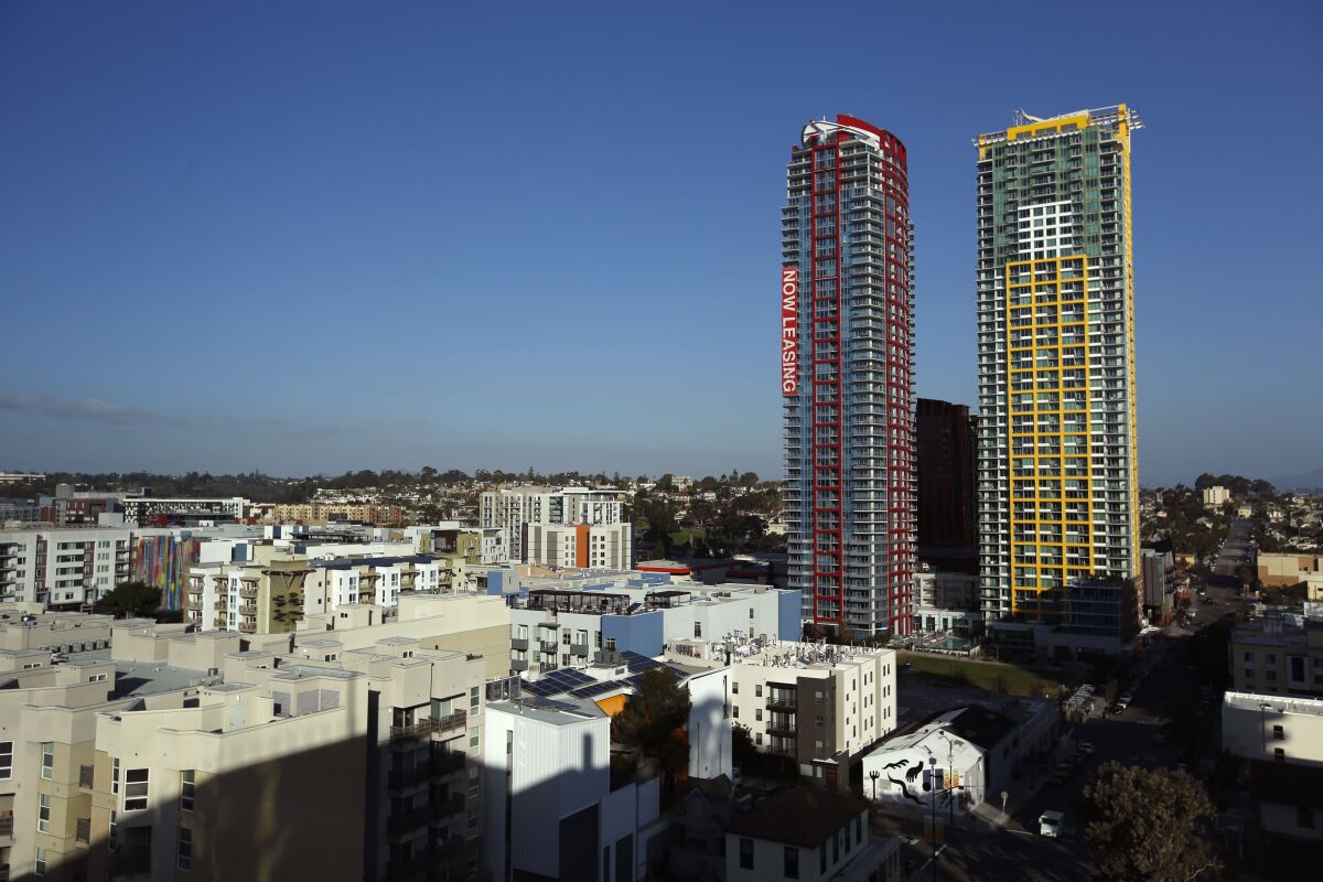 Pinnacle on the Park apartments look over San Diego's East Village, shown here on Jan.13, 2020.