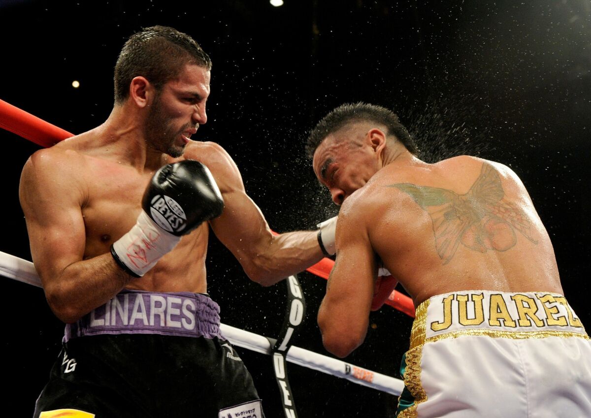 Jorge Linares (L) hits Rocky Juarez in the ninth round of their lightweight fight at the Mandalay Bay Events Center July 31, 2010 in Las Vegas, Nevada. Linares beat Juarez by unanimous decision.