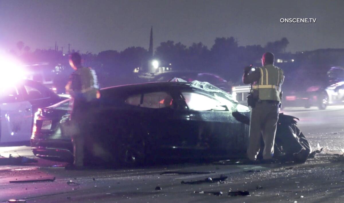 The scene of a fiery crash on the 210 Freeway in Rialto.