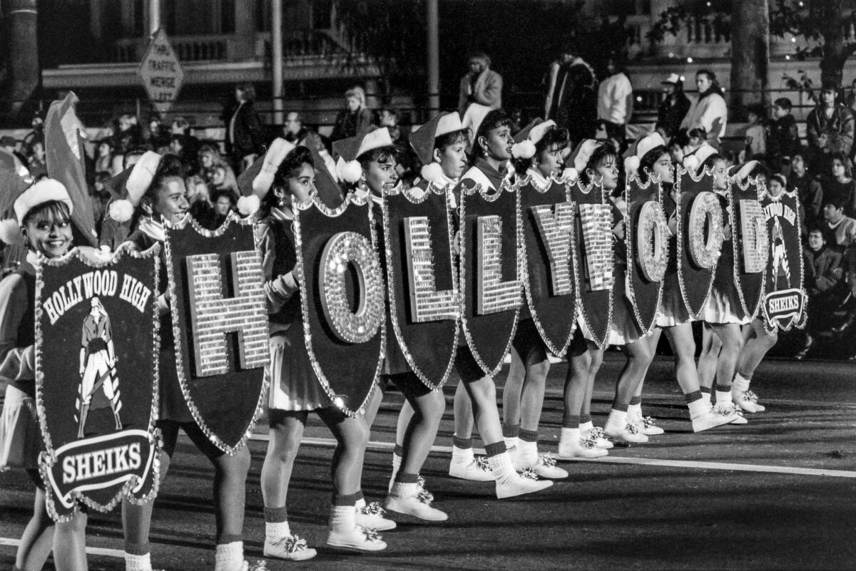 Dec. 1, 1991: Members of the Hollywood High School band march in the 60th annual Hollywood Christmas Parade.