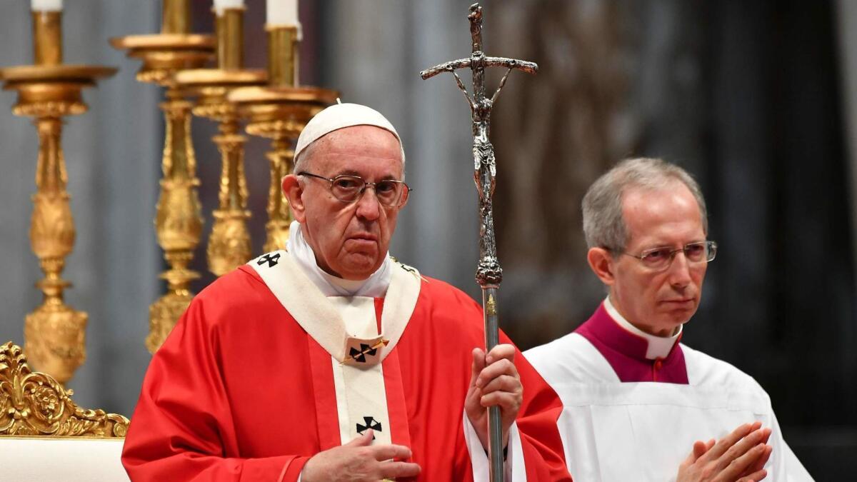 Pope Francis leads a Pentecost Mass at St. Peter's Basilica in the Vatican on May 20, 2018.