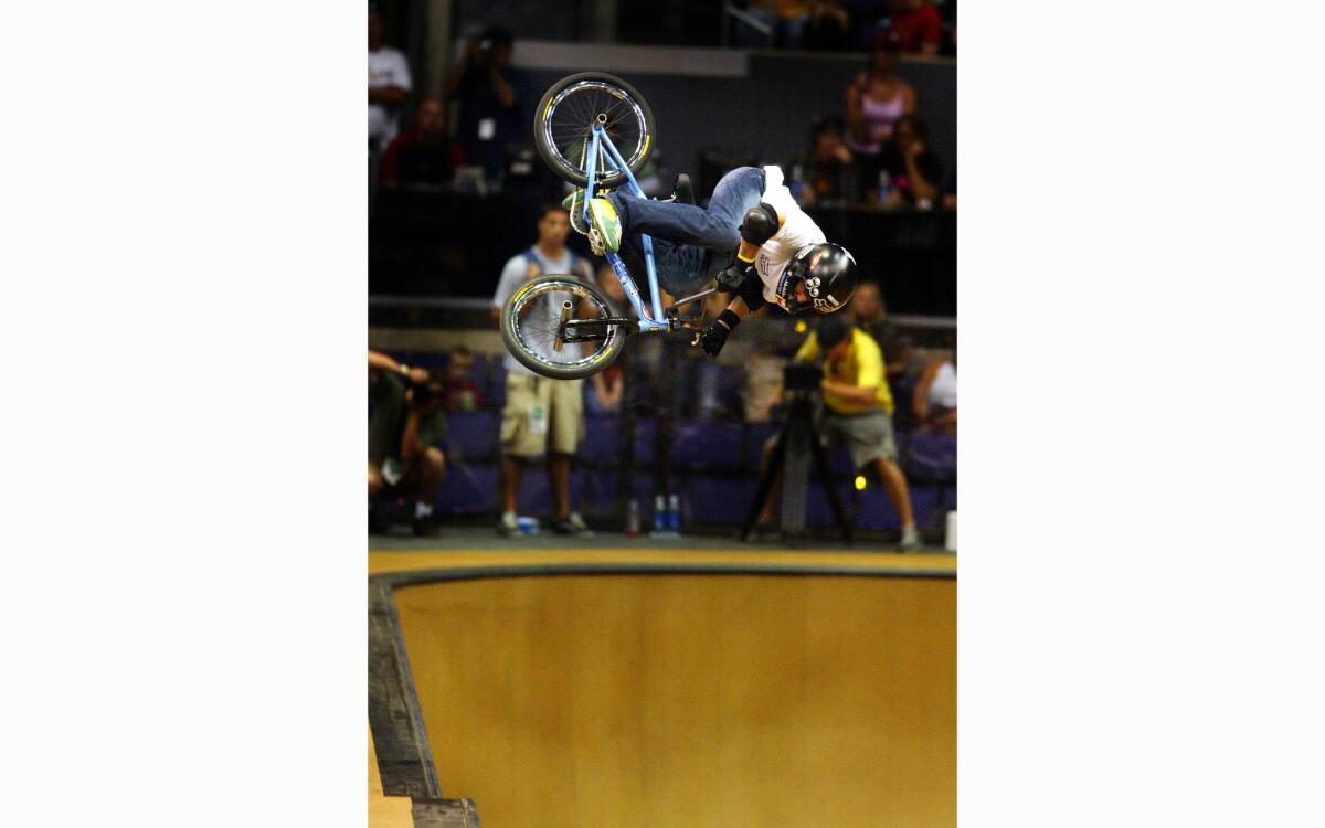 Dave Mirra wins the Bike Stunt Vert at the X Games at the Staples Center in Los Angeles on Aug. 6, 2004.