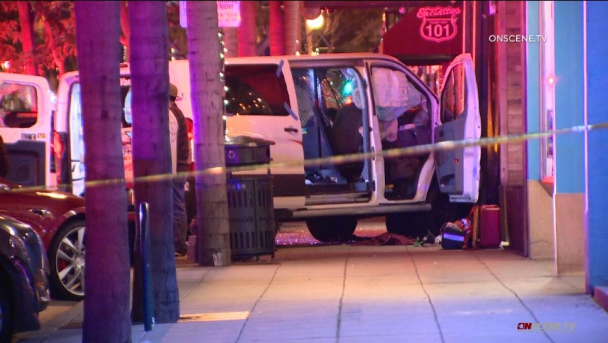 A U-Haul van plowed into a crowd outside The Saloon, a bar on South Coast Highway 101 in Encinitas, early Sunday. The van struck three people, who suffered serious injuries.