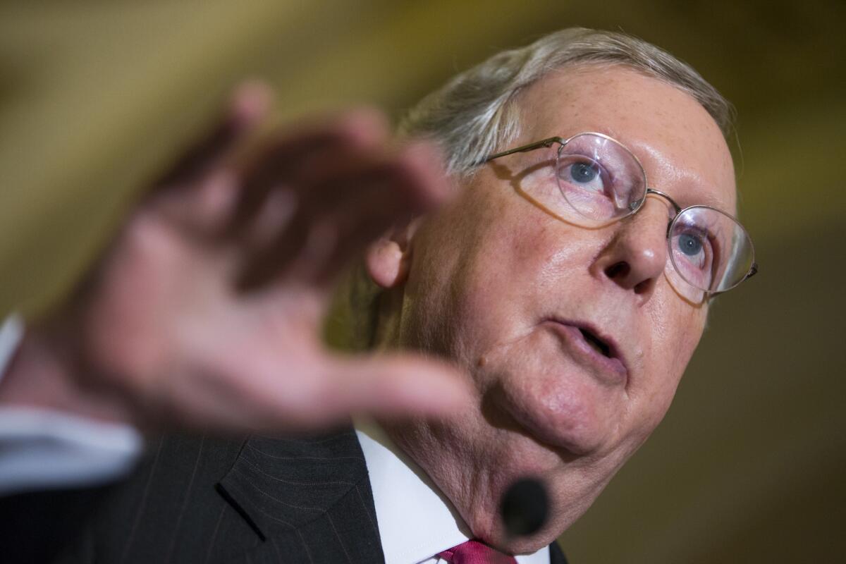 Senate Majority Leader Sen. Mitch McConnell (R-Ky.) speaks on Capitol Hill in Washington.