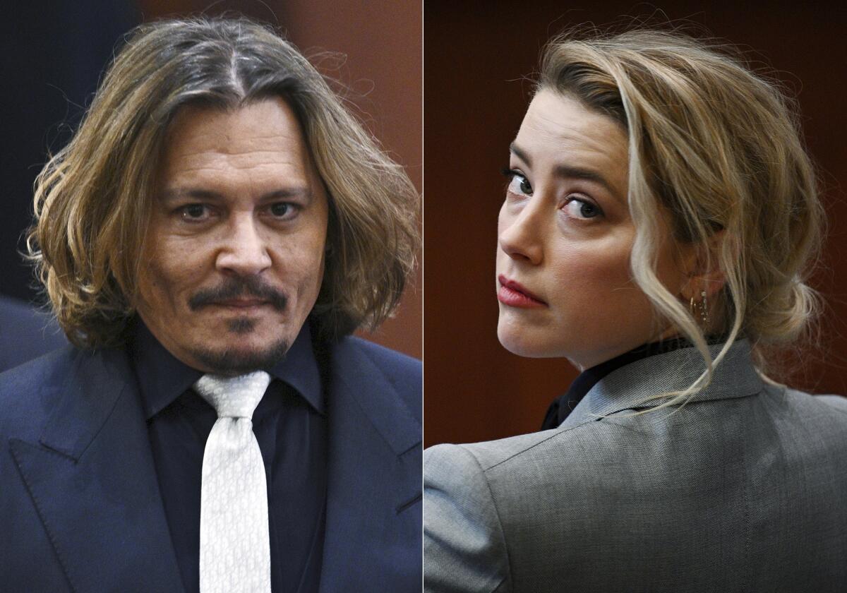 This combination of photos shows actors Johnny Depp, left, and Amber Heard inside the courtroom for Depp’s libel suit against Heard at the Fairfax County Circuit Court on April 12, 2022, in Fairfax, Va. Depp has accused Heard of indirectly defaming him in a 2018 opinion piece that she wrote for The Washington Post. (Brendan Smialowski, Pool via AP)