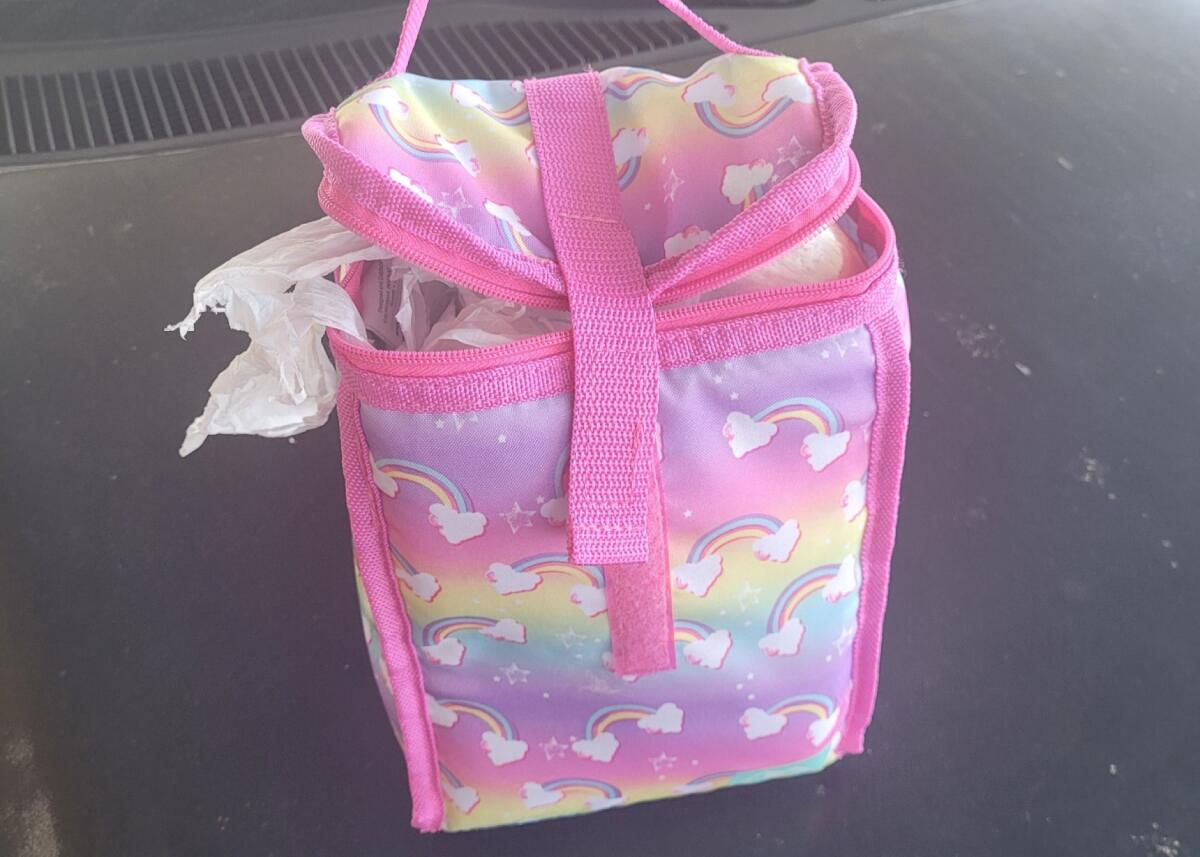 An innocent-looking pink diaper bag 