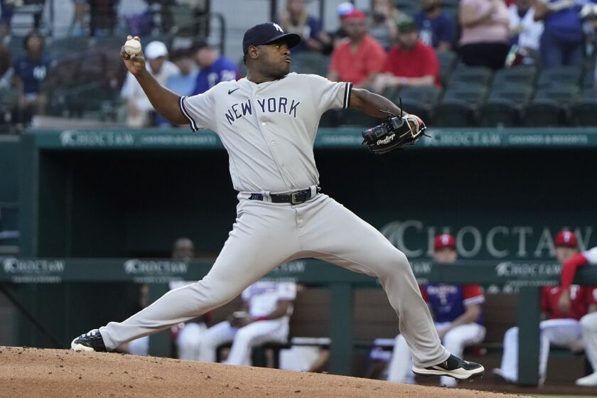New York Yankees starting pitcher Luis Severino throws during the first inning of a baseball game against the Texas Rangers in Arlington, Texas, Monday, Oct. 3, 2022. (AP Photo/LM Otero)